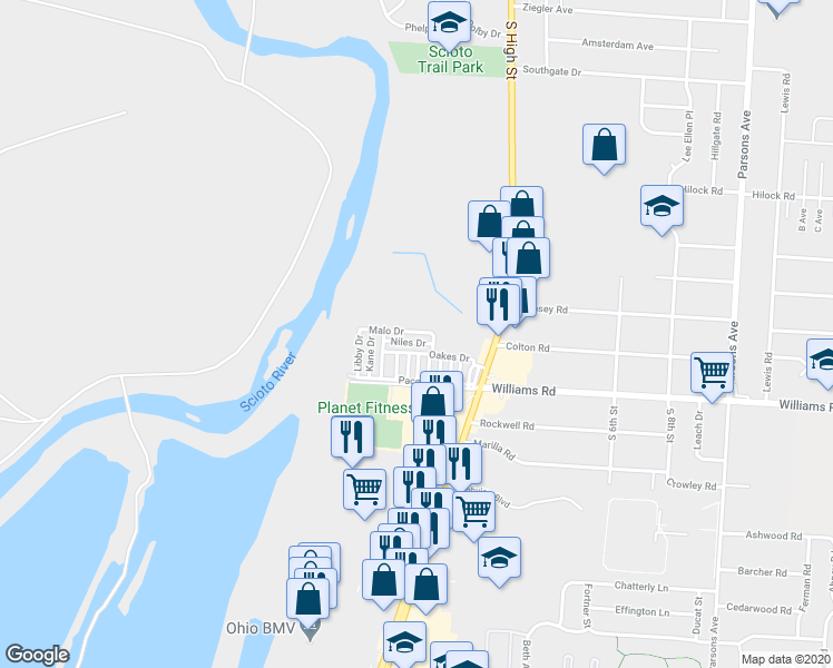 map of restaurants, bars, coffee shops, grocery stores, and more near 99 Malo Drive in Columbus