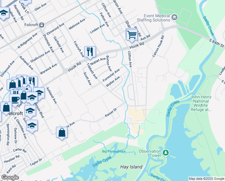 map of restaurants, bars, coffee shops, grocery stores, and more near 1535 Walter Avenue in Sharon Hill