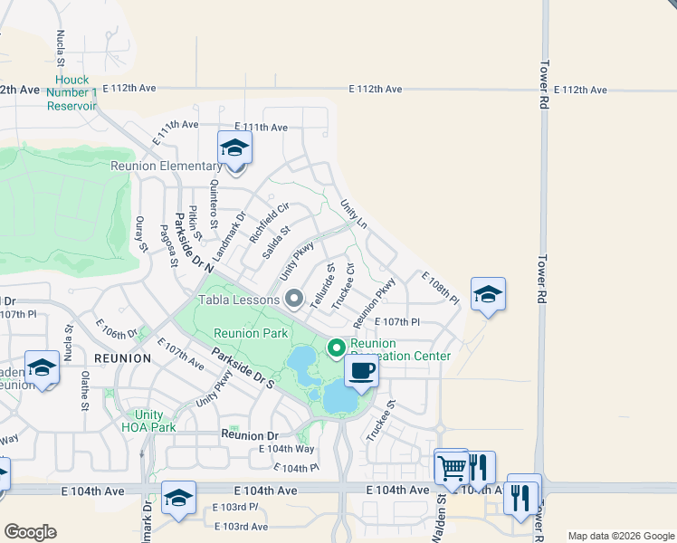map of restaurants, bars, coffee shops, grocery stores, and more near 10837 Truckee Circle in Commerce City
