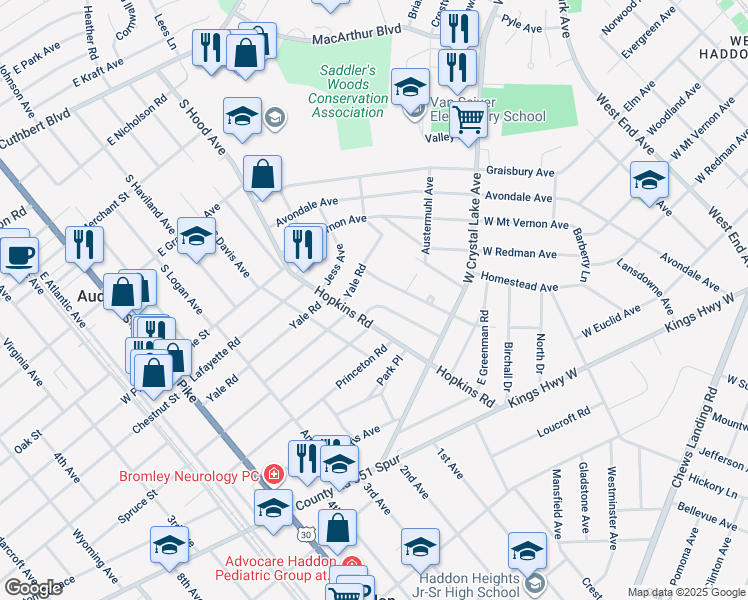 map of restaurants, bars, coffee shops, grocery stores, and more near 279 Crystal Terrace in Haddonfield