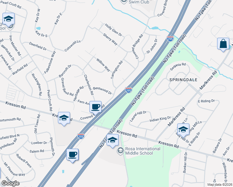 map of restaurants, bars, coffee shops, grocery stores, and more near 554 Covered Bridge Road in Cherry Hill