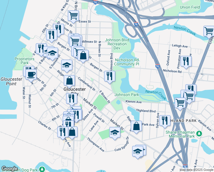 map of restaurants, bars, coffee shops, grocery stores, and more near 935 Somerset Street in Gloucester City