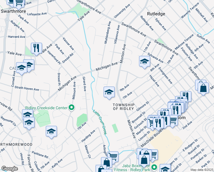 map of restaurants, bars, coffee shops, grocery stores, and more near 204 Villanova Avenue Circle in Swarthmore