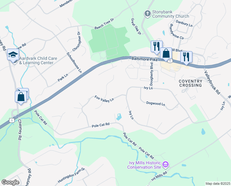 map of restaurants, bars, coffee shops, grocery stores, and more near 21 Fox Valley Lane in Glen Mills
