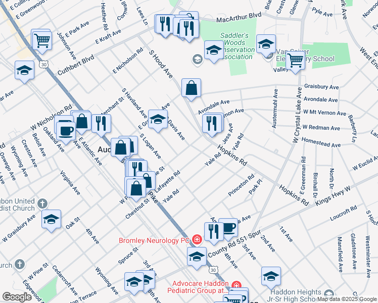 map of restaurants, bars, coffee shops, grocery stores, and more near 200 East Pine Street in Audubon