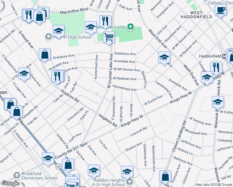 map of restaurants, bars, coffee shops, grocery stores, and more near 330 Homestead Avenue in Haddonfield