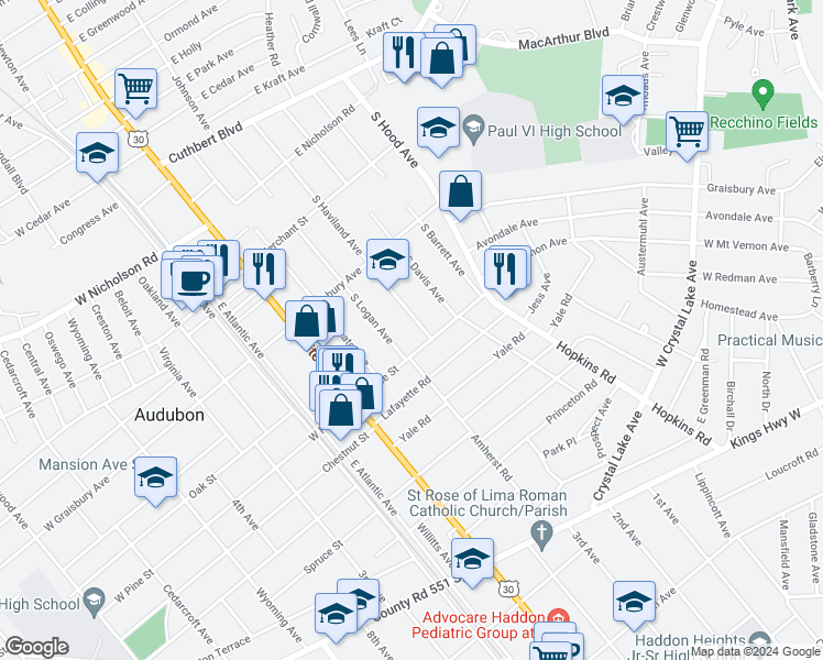 map of restaurants, bars, coffee shops, grocery stores, and more near 266 South Haviland Avenue in Audubon