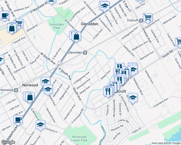 map of restaurants, bars, coffee shops, grocery stores, and more near 319 South Ridgeway Avenue in Glenolden