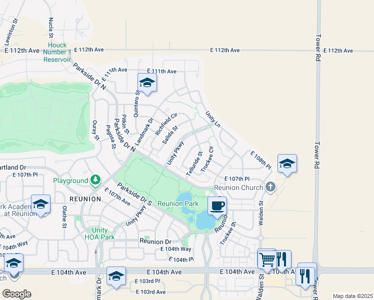 map of restaurants, bars, coffee shops, grocery stores, and more near 10870 Unity Parkway in Commerce City