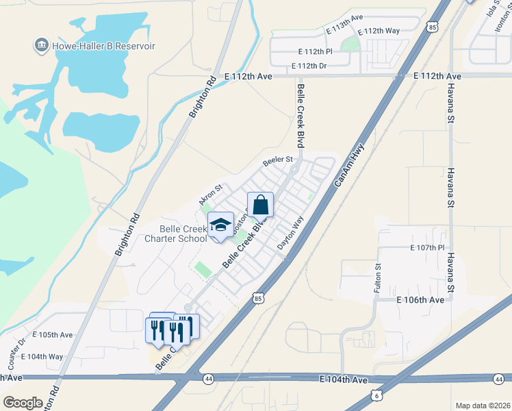 map of restaurants, bars, coffee shops, grocery stores, and more near 9314 East 108th Place in Henderson