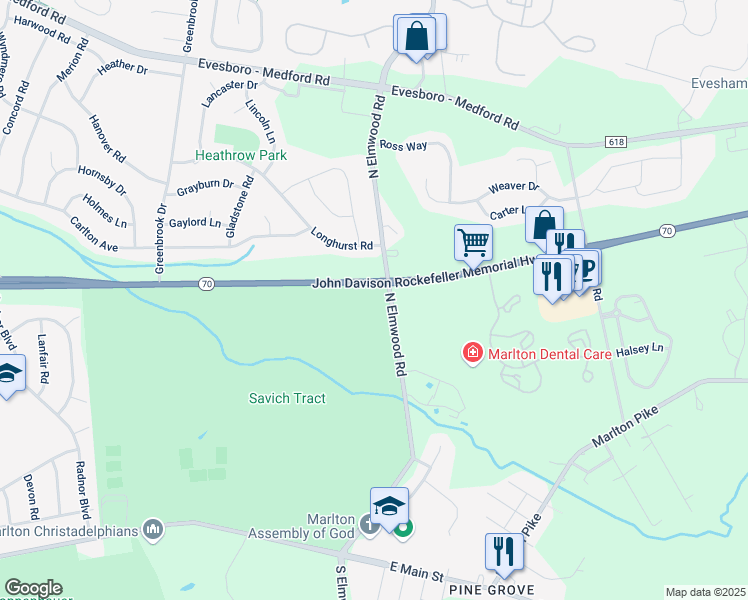 map of restaurants, bars, coffee shops, grocery stores, and more near 691 New Jersey 70 in Evesham