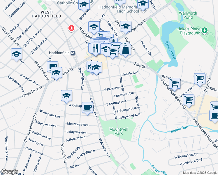 map of restaurants, bars, coffee shops, grocery stores, and more near 130 Centre Street in Haddonfield