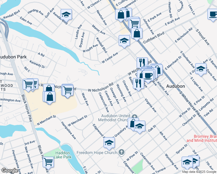 map of restaurants, bars, coffee shops, grocery stores, and more near 29 Village Court in Audubon