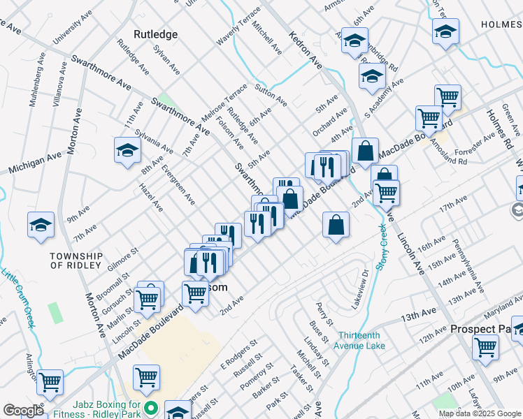map of restaurants, bars, coffee shops, grocery stores, and more near 406 Ridley Avenue in Folsom