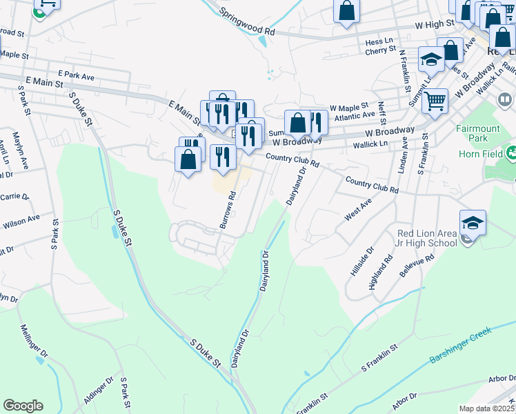 map of restaurants, bars, coffee shops, grocery stores, and more near 157 Country Ridge Drive in Red Lion