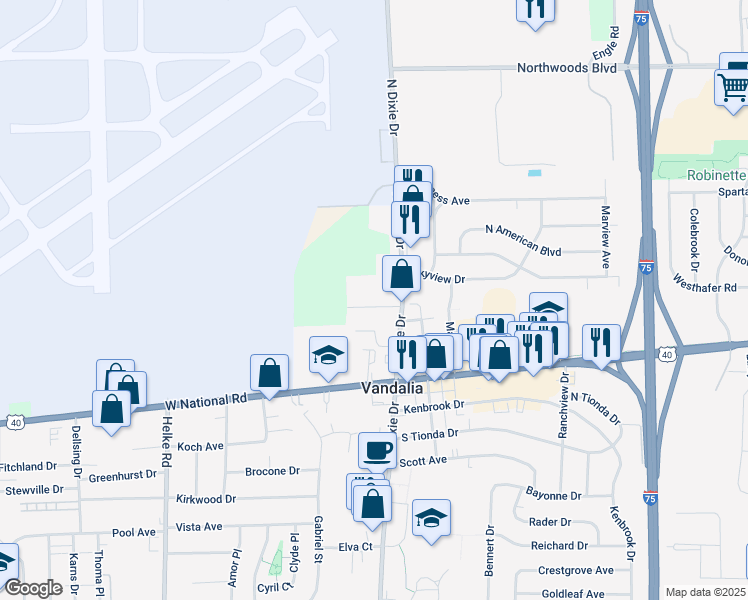 map of restaurants, bars, coffee shops, grocery stores, and more near 153 North Dixie Drive in Vandalia