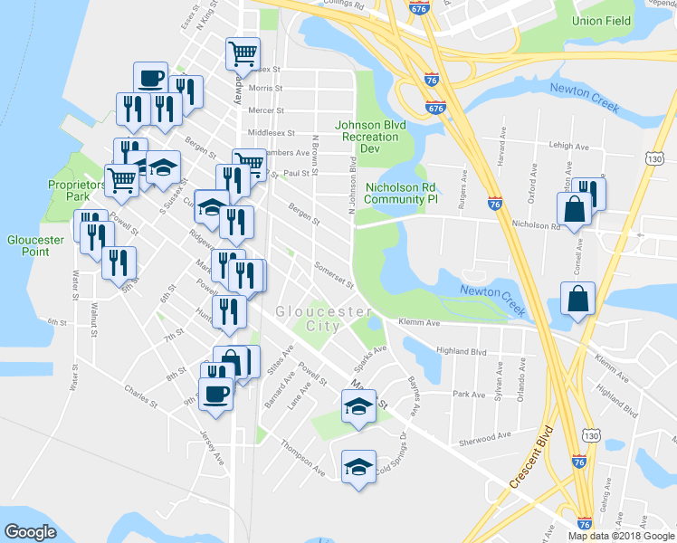 map of restaurants, bars, coffee shops, grocery stores, and more near 935 Somerset Street in Gloucester City
