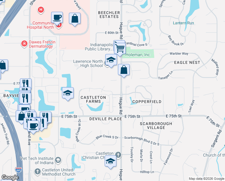 map of restaurants, bars, coffee shops, grocery stores, and more near 7620 Castleton Farms North Drive in Indianapolis
