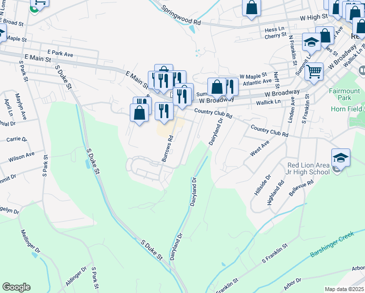 map of restaurants, bars, coffee shops, grocery stores, and more near 154 Country Ridge Drive in Red Lion