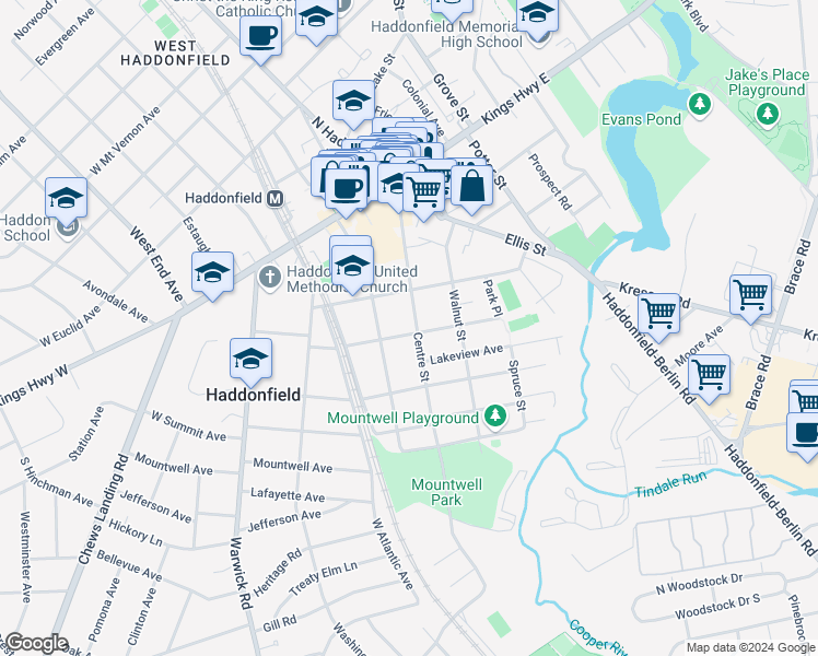map of restaurants, bars, coffee shops, grocery stores, and more near 130 Centre Street in Haddonfield