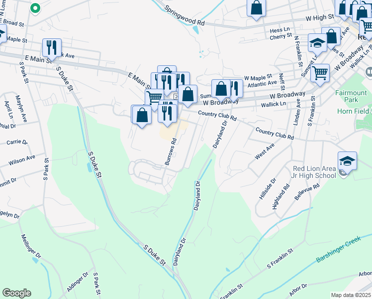 map of restaurants, bars, coffee shops, grocery stores, and more near 154 Country Ridge Drive in Red Lion