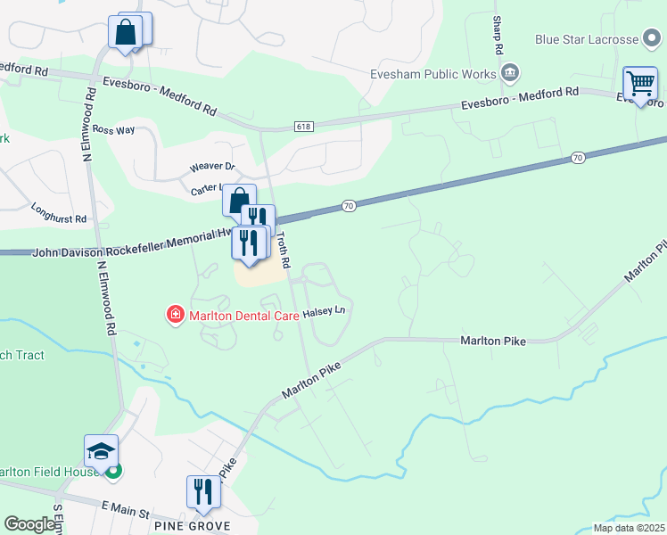 map of restaurants, bars, coffee shops, grocery stores, and more near 321 Pavonia Circle in Evesham Township