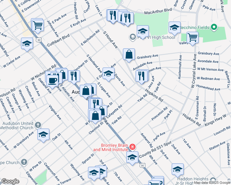 map of restaurants, bars, coffee shops, grocery stores, and more near 266 South Haviland Avenue in Audubon
