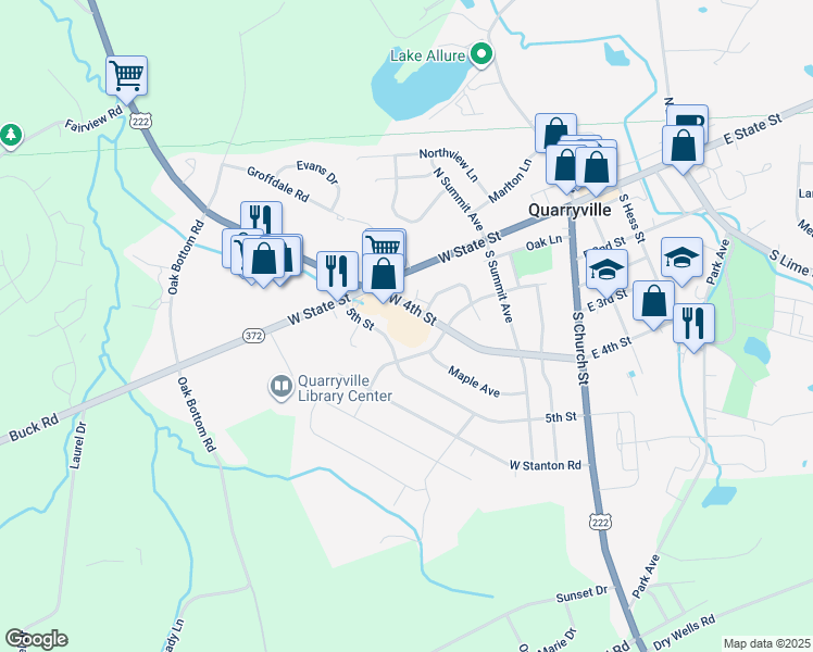 map of restaurants, bars, coffee shops, grocery stores, and more near 315 West 4th Street in Quarryville