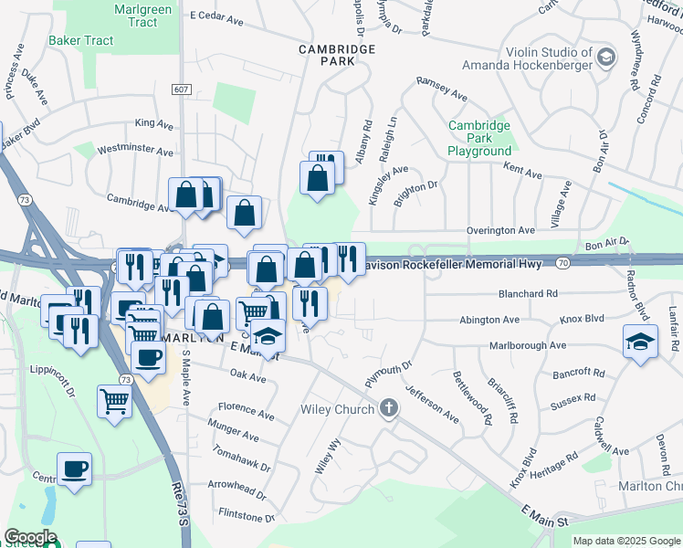map of restaurants, bars, coffee shops, grocery stores, and more near 95 Overington Avenue in Evesham