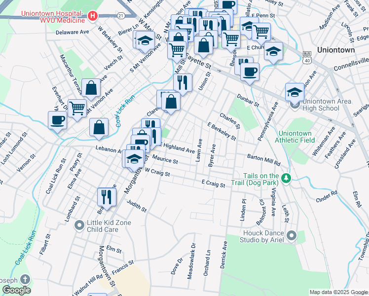 map of restaurants, bars, coffee shops, grocery stores, and more near 36 East Highland Avenue in Uniontown