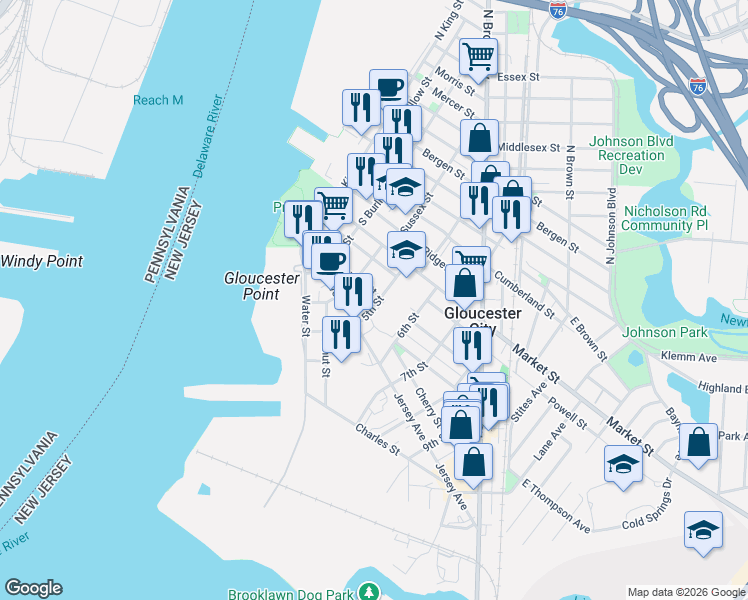 map of restaurants, bars, coffee shops, grocery stores, and more near 227 5th Street in Gloucester City