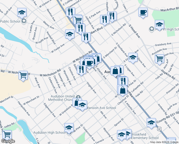 map of restaurants, bars, coffee shops, grocery stores, and more near in Audubon