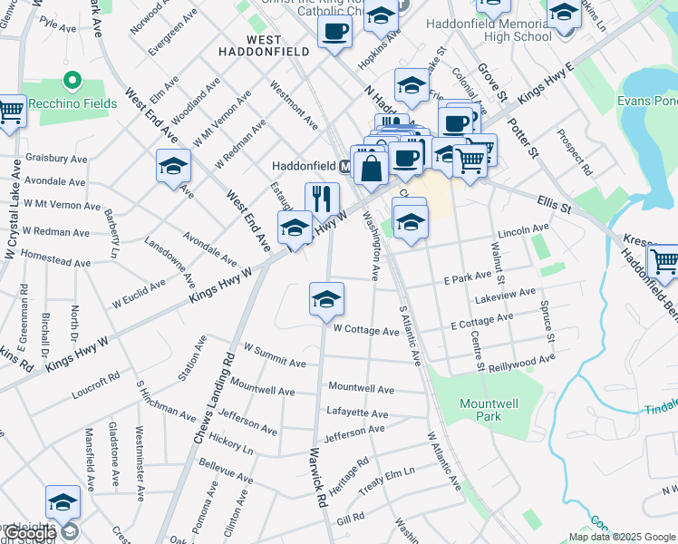 map of restaurants, bars, coffee shops, grocery stores, and more near 161 West Park Avenue in Haddonfield