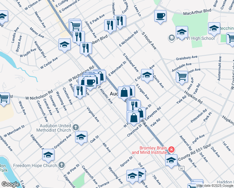 map of restaurants, bars, coffee shops, grocery stores, and more near 136 South White Horse Pike in Audubon