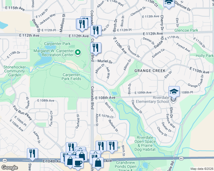 map of restaurants, bars, coffee shops, grocery stores, and more near 10822 Albion Drive in Thornton