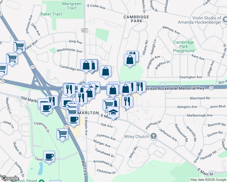 map of restaurants, bars, coffee shops, grocery stores, and more near 31 Cooper Avenue in Evesham