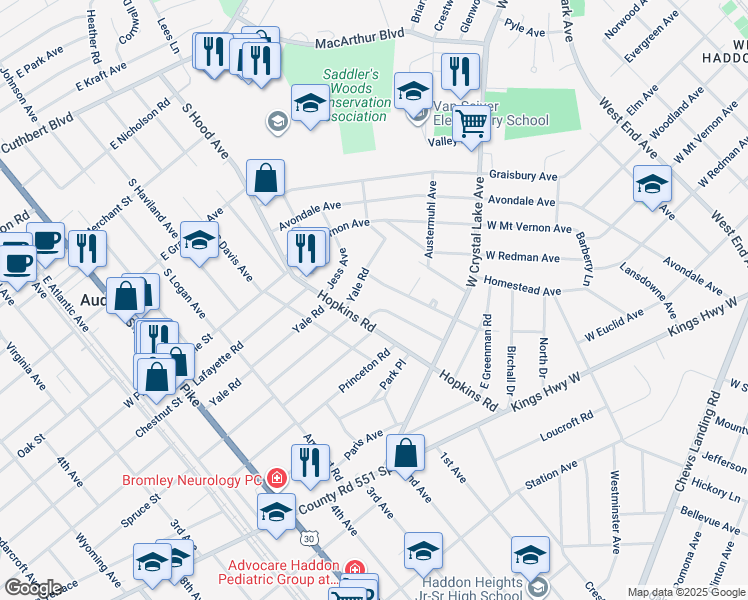 map of restaurants, bars, coffee shops, grocery stores, and more near 279 Crystal Terrace in Haddonfield