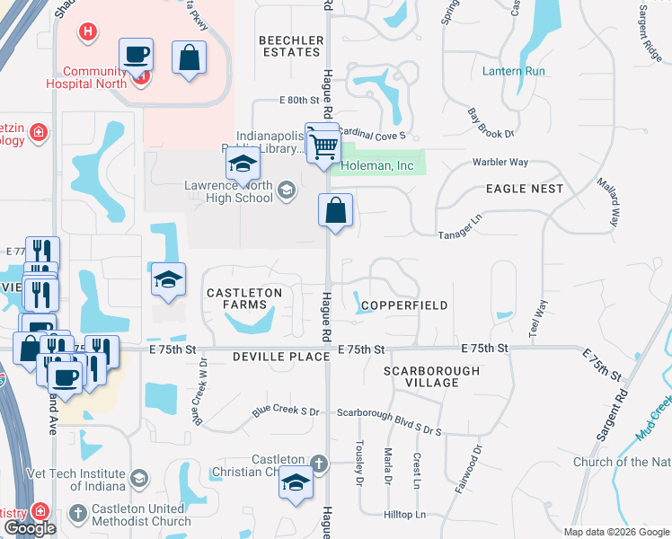map of restaurants, bars, coffee shops, grocery stores, and more near 7670 Micawber Court in Indianapolis