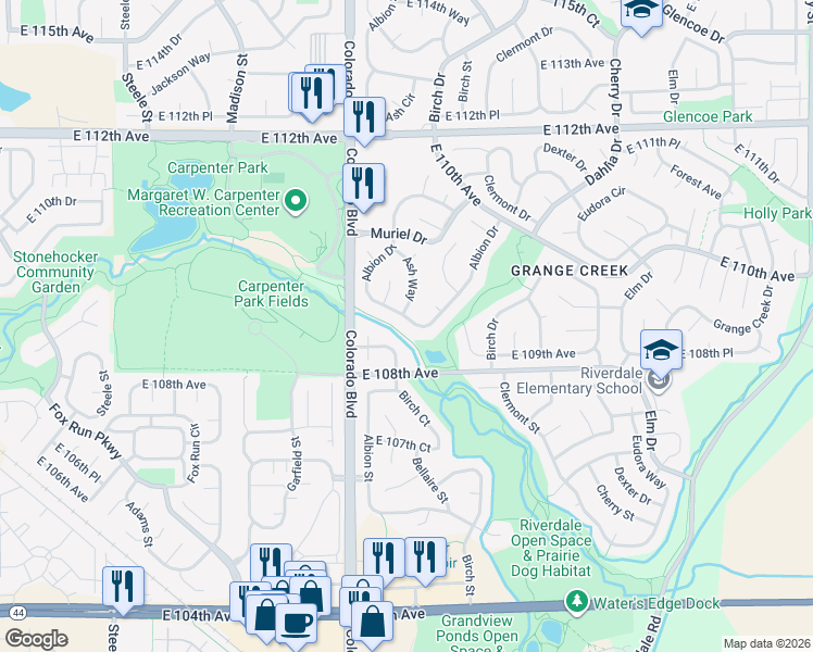 map of restaurants, bars, coffee shops, grocery stores, and more near 10822 Albion Drive in Thornton