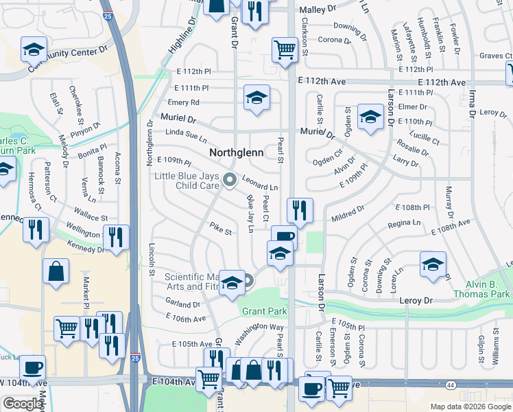map of restaurants, bars, coffee shops, grocery stores, and more near 10871 Blue Jay Lane in Northglenn