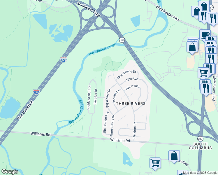 map of restaurants, bars, coffee shops, grocery stores, and more near 3695 Big Walnut Drive in Groveport