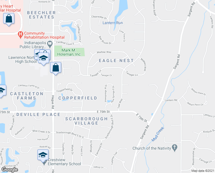 map of restaurants, bars, coffee shops, grocery stores, and more near 7673 Pine Springs West Drive in Indianapolis