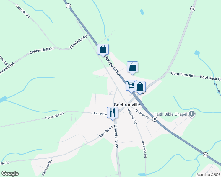 map of restaurants, bars, coffee shops, grocery stores, and more near 172 Cochran Street in Cochranville