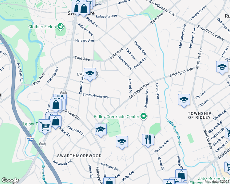 map of restaurants, bars, coffee shops, grocery stores, and more near 404 Drew Ave in Swarthmore