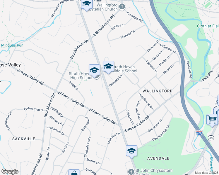 map of restaurants, bars, coffee shops, grocery stores, and more near 300 South Providence Road in Nether Providence Township