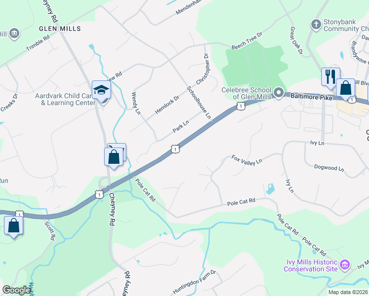 map of restaurants, bars, coffee shops, grocery stores, and more near 42 Park Lane in Glen Mills