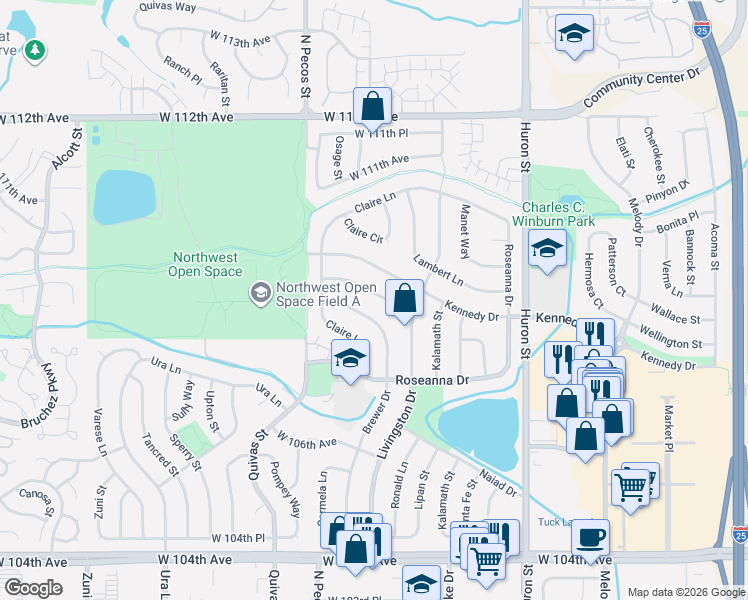 map of restaurants, bars, coffee shops, grocery stores, and more near 1321 Beth Lane in Northglenn