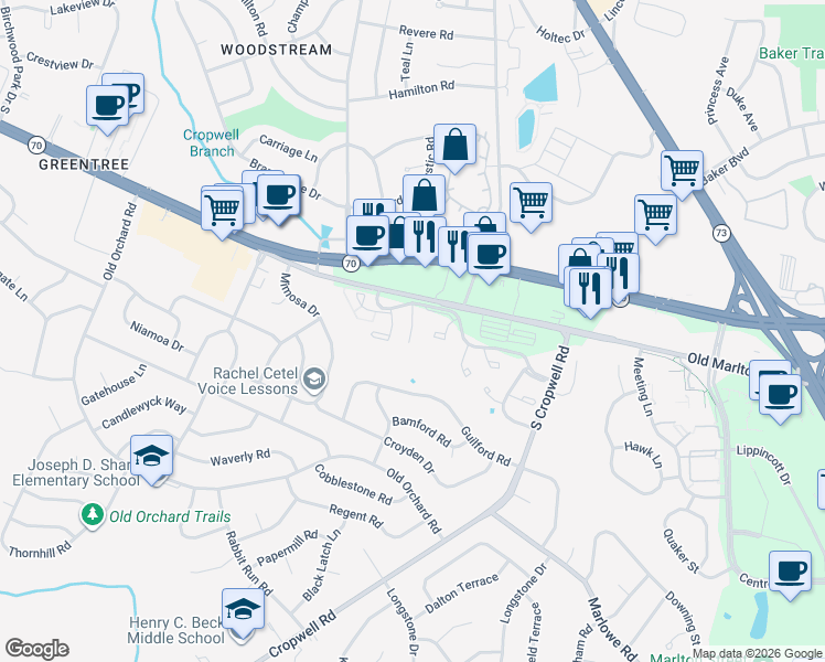 map of restaurants, bars, coffee shops, grocery stores, and more near 166 Cypress Court in Evesham Township