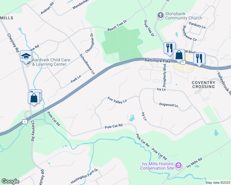map of restaurants, bars, coffee shops, grocery stores, and more near 52 Bittersweet Drive in Glen Mills