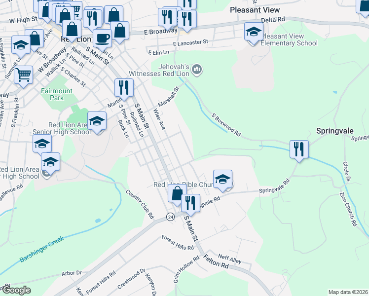 map of restaurants, bars, coffee shops, grocery stores, and more near 617 Memory Lane in Red Lion
